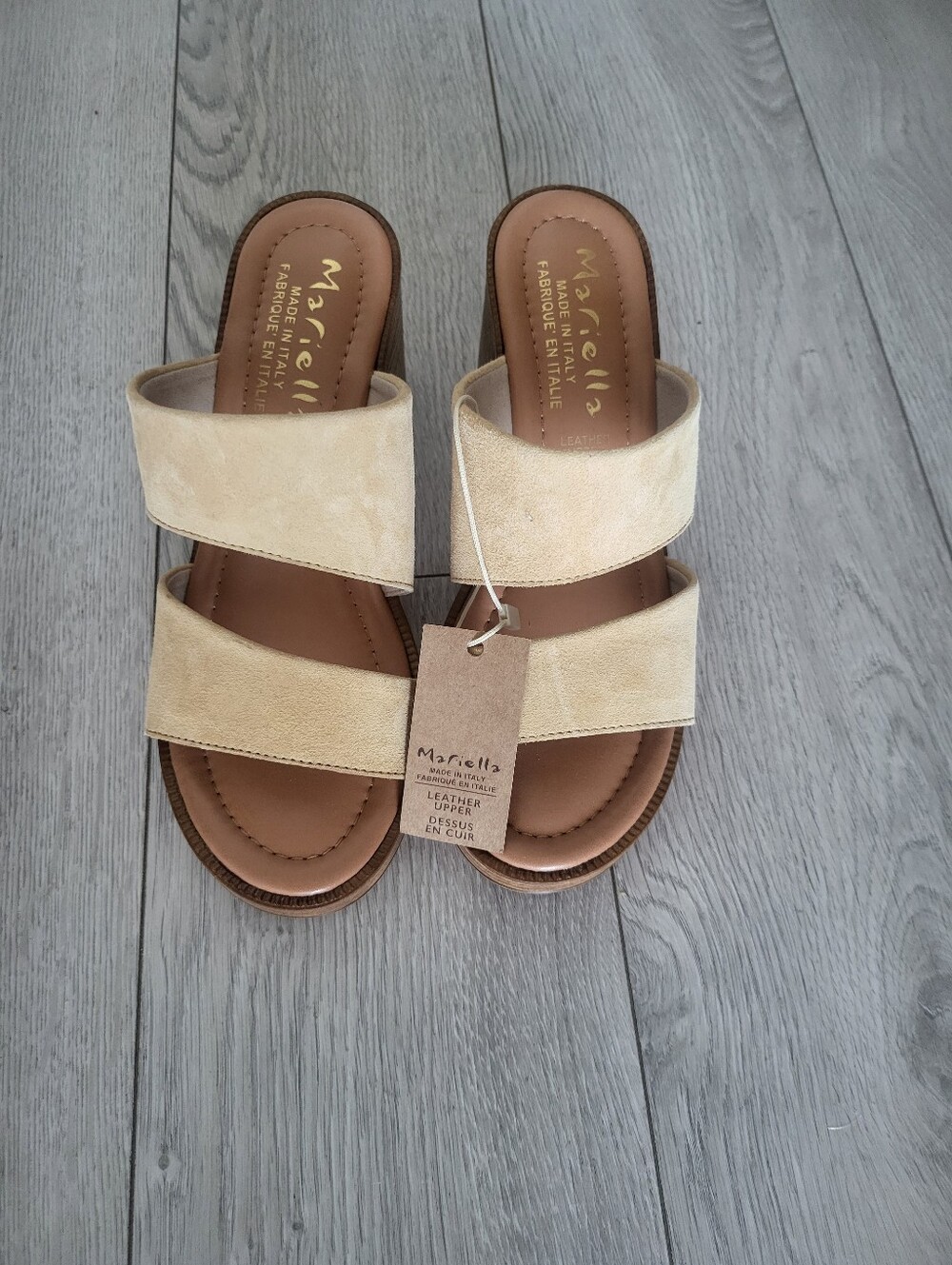 Mariella Beige Suede Double-Strap Slide Mules- Made In Italy
